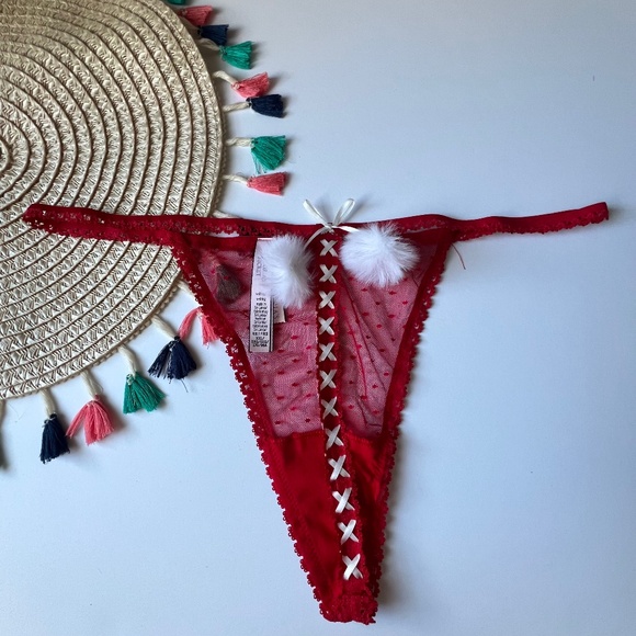 Victoria's Secret Dream Angels Dotted Mesh Lace-Up V-String Panty Red XXL NEW - Picture 3 of 7